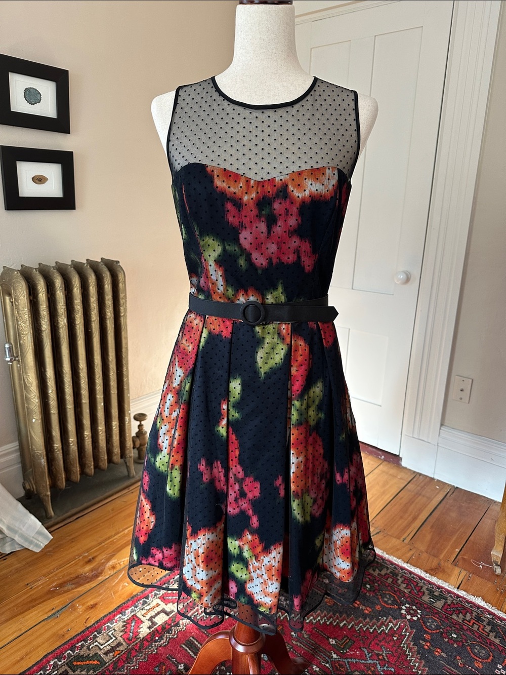 Eliza J Black Retro Floral Belted Fit-and-Flare Dress